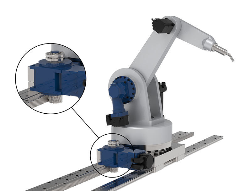 A gearbox, pinion, and rack system provide the 7th axis, or lateral movement, for an articulated robot.
