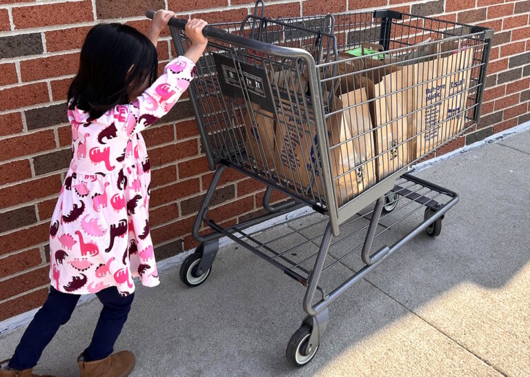 a small child pushing a heavy shopping cart